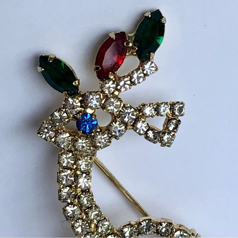 Vintage Rhinestone Reindeer Brooch Pin gold tone Rudolph